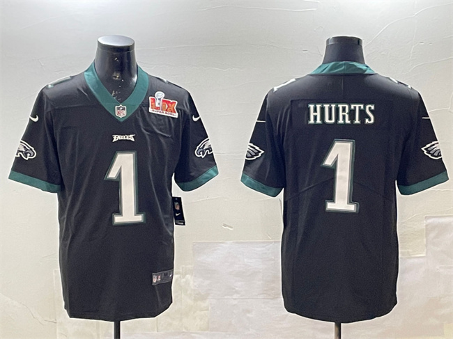 Men's Black Philadelphia Eagles #1 Jalen Hurts 2025 Super Bowl LIX Patch Vapor Untouchable Limited Stitched Football Jersey